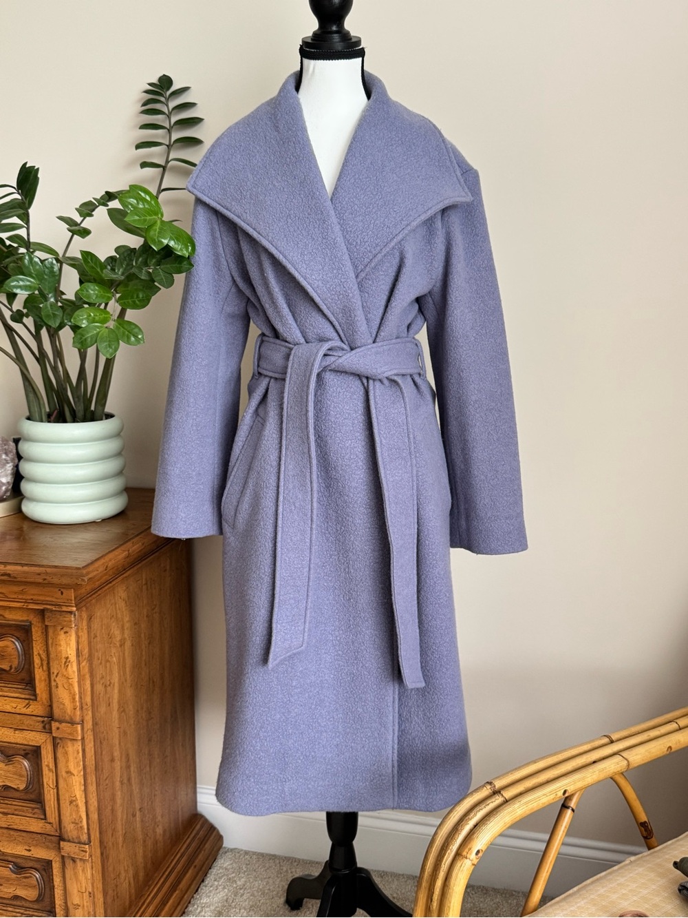 🔹 Club Monaco Blue-Gray Belted Wrap Coat — S/P Oversized